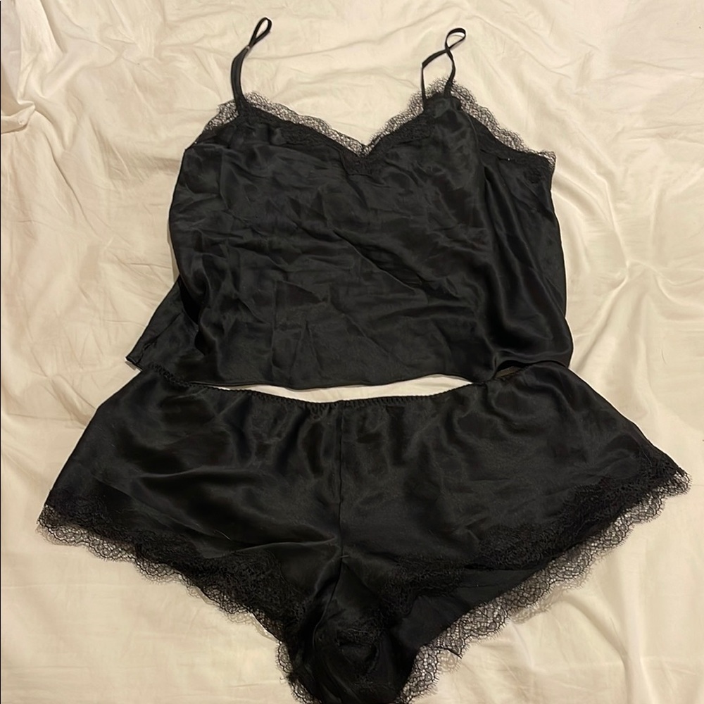 Victoria's Secret Black Satin Lace Pajama Set NWOT